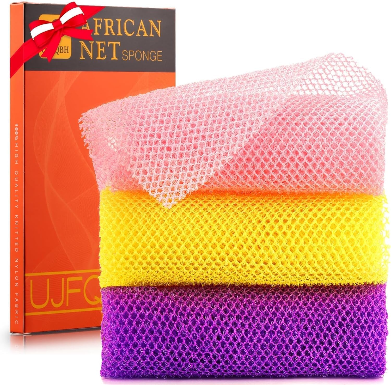 3 Pieces African Bath Sponge African Net Long Net Bath Sponge Exfoliating Shower Body Scrubber Back Scrubber (Pink,Yellow,Purple)