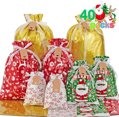 40 Pcs Christmas Gift Bag Assorted Size Large Medium Small Foil Gift Decoration Supplies