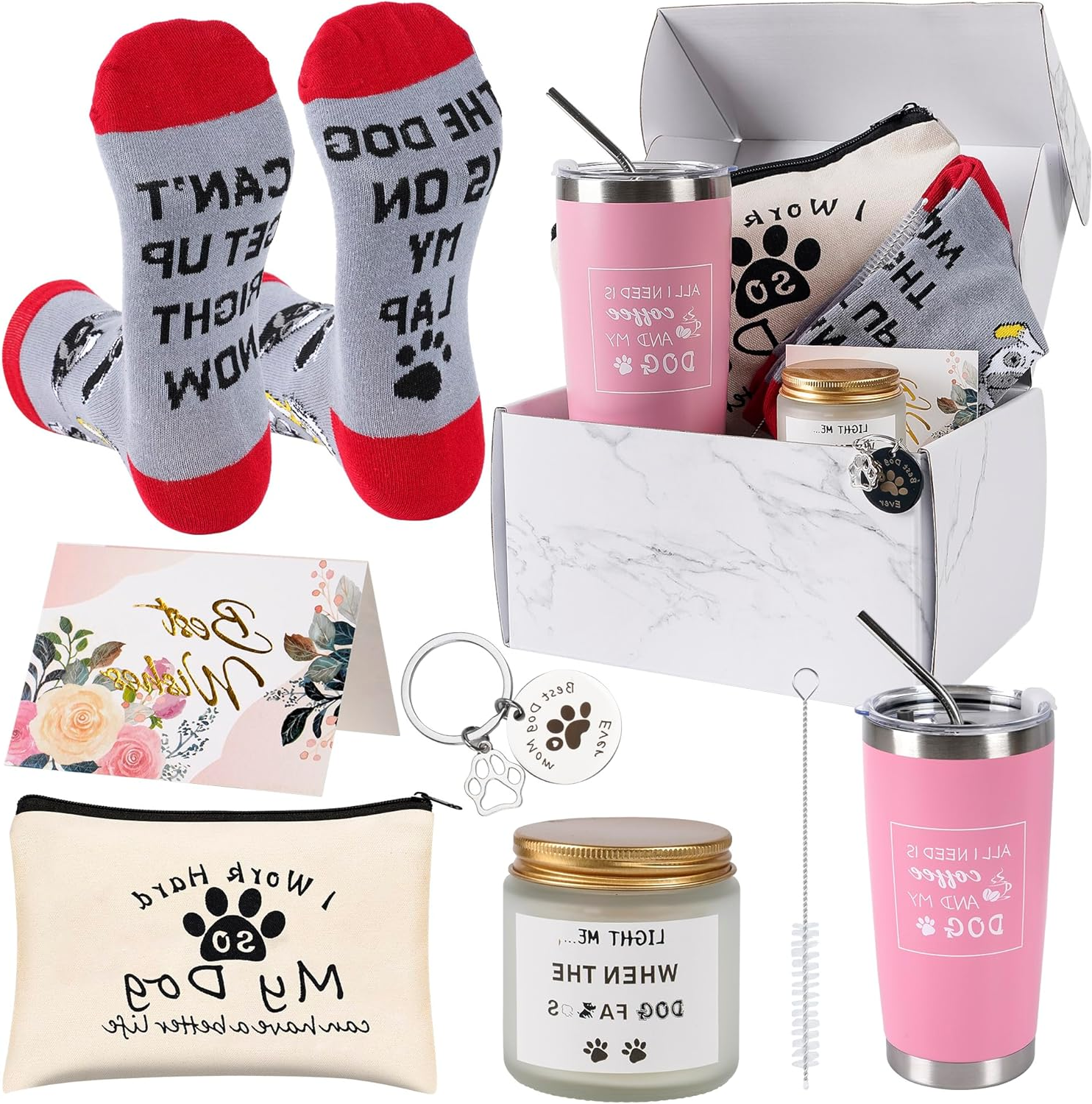 7 Pieces Dog Mom Gifts for Women Best Dog Lovers Women Gifts with Tumbler Makeup Bag Scented Candle Socks Key Chain Greeting Card for Dog Lover Dog Mom Christmas Gift