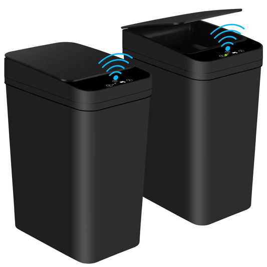 Bathroom Automatic Trash Can 2 Pack 2.2 Gallon Touchless Motion Sensor Small Slim Garbage Can with Lid Smart Electric Narrow Garbage Bin for Bedroom Office Kitchen (Black)