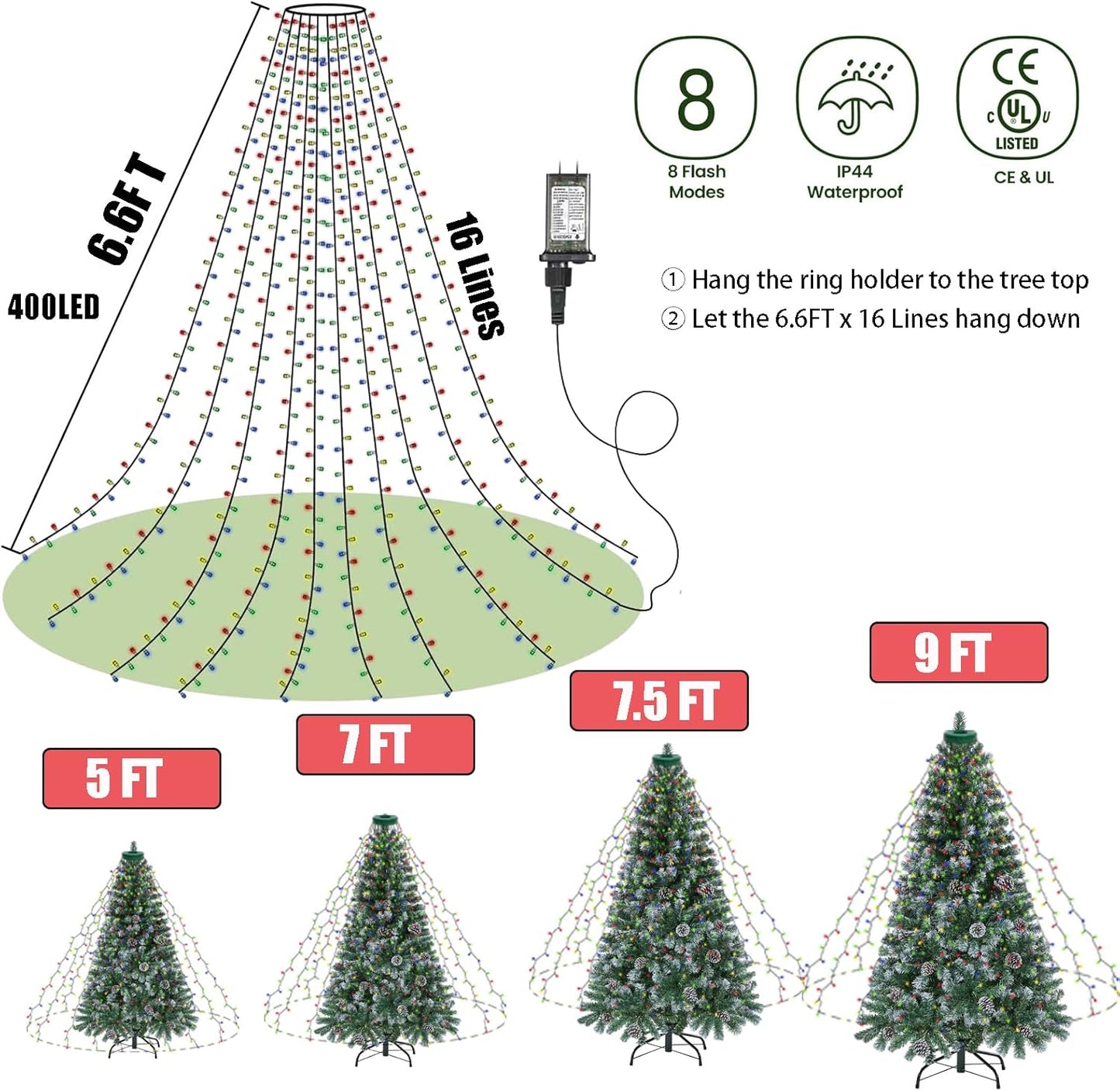 Christmas Tree Lights, 8 Light Modes 6.6FT X 16 String Lines with 400 LED 