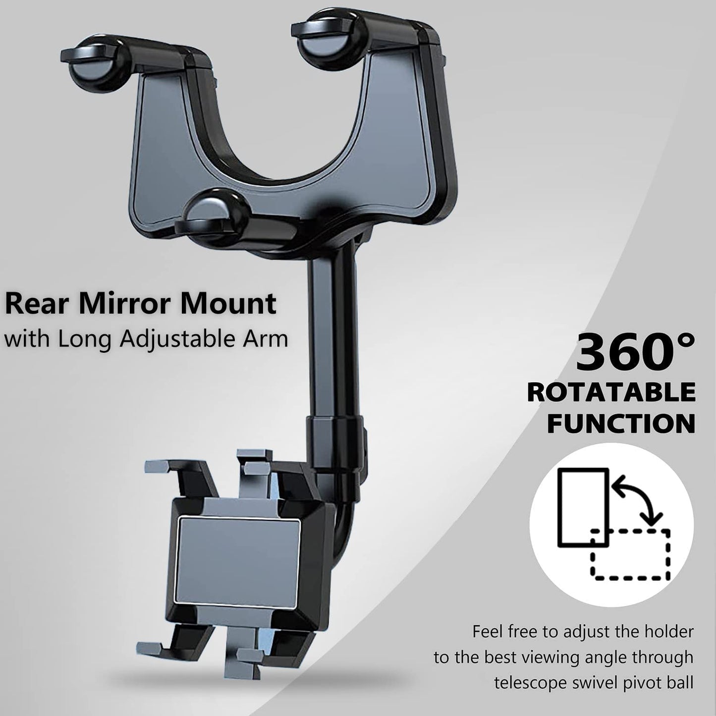 Rearview Mirror Phone Holder for Car, 360° Rotating Rear View Mount with Adjustable Arm Length, Multifunctional and GPS Universal Car All Smartphones