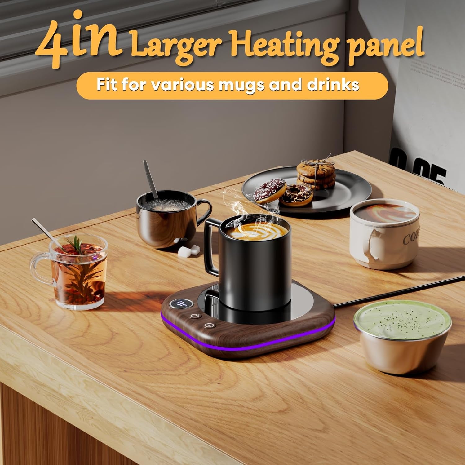 ,Coffee Mug Warmer for Desk Leds Light 3 Temp Settings (45-75℃) 1-12H Timer 4 H Auto Shut off Beverage Cup Candle Warmer for Coffee Tea Milk(Wood Grain)