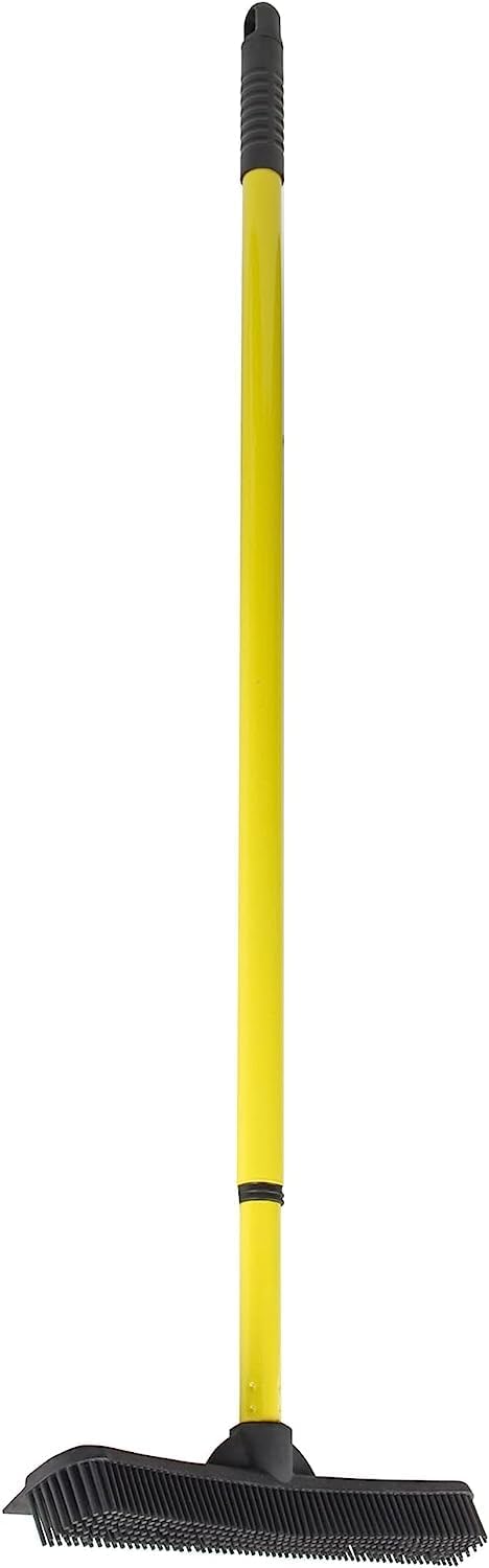  Indoor Pet Hair Rubber Broom with Carpet Rake and Squeegee, Black and Yellow