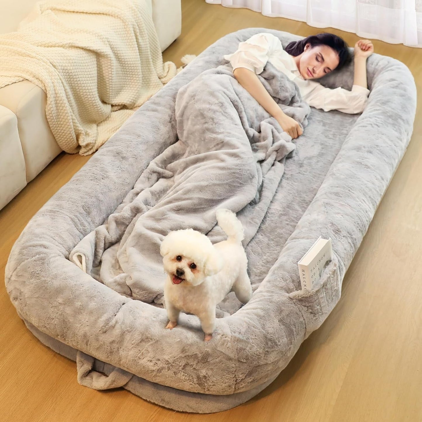 Human Dog Bed for Adults, 71" Long Human Size Dog Bed, Removable Cover, Washable, Waterproof, Orthopedic Design [Light Grey]