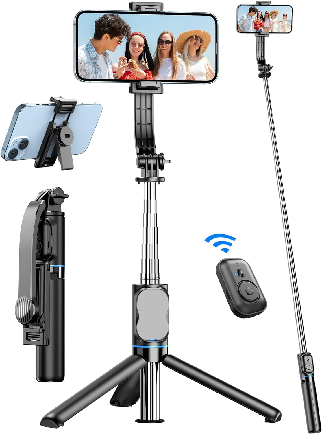  Extendable Phone Tripod Stand with Phone Holder & Detachable Remote, 41" 360° Rotation Selfie Stick Tripod for Cell Phone Compatible with Iphone, Android, Samsung