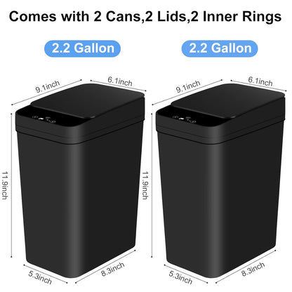 Bathroom Automatic Trash Can 2 Pack 2.2 Gallon Touchless Motion Sensor Small Slim Garbage Can with Lid Smart Electric Narrow Garbage Bin for Bedroom Office Kitchen (Black)