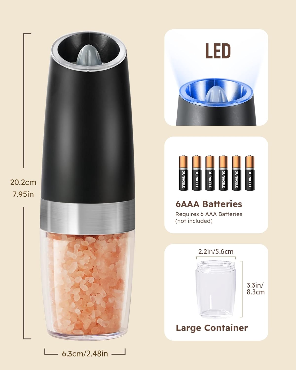 Salt and Pepper Grinder Set Automatic Shakers Mill Grinder with LED Light,Larger Capacity