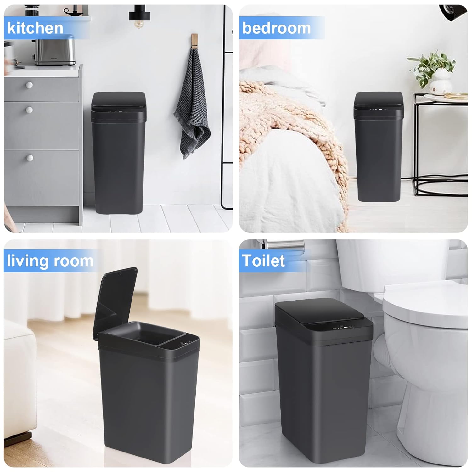 Bathroom Automatic Trash Can 2 Pack 2.2 Gallon Touchless Motion Sensor Small Slim Garbage Can with Lid Smart Electric Narrow Garbage Bin for Bedroom Office Kitchen (Black)