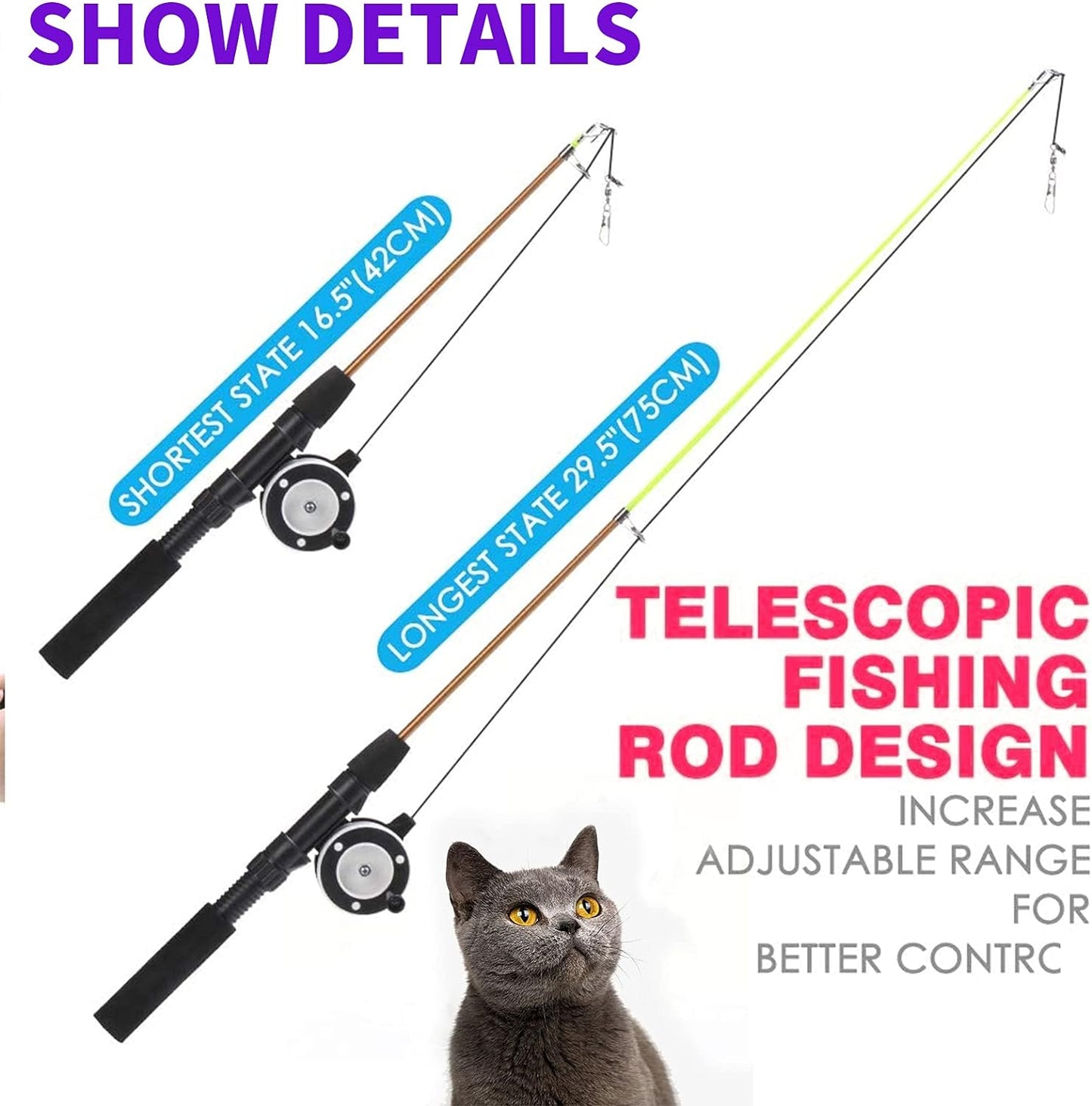 Retractable Cat Teaser Wand Toy, Cat Toys for Indoor Outdoor Cats Interactive Fishing Rod with 8 Pcs Refills Feather Toy, Plush Mouse Caterpillar & Fish