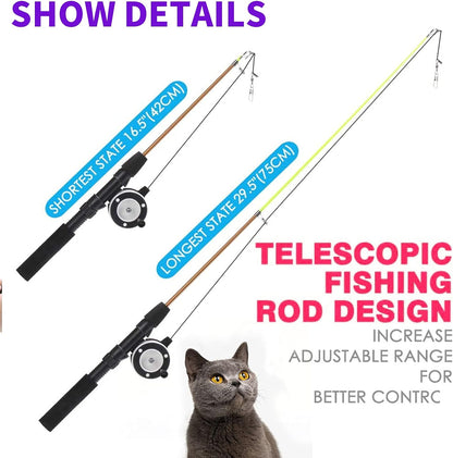 Retractable Cat Teaser Wand Toy, Cat Toys for Indoor Outdoor Cats Interactive Fishing Rod with 8 Pcs Refills Feather Toy, Plush Mouse Caterpillar & Fish