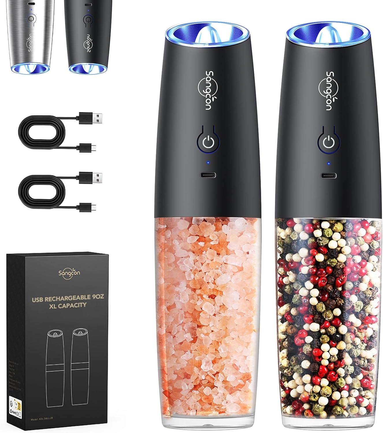 Salt and Pepper Grinder Set Automatic Shakers Mill Grinder with LED Light,Larger Capacity