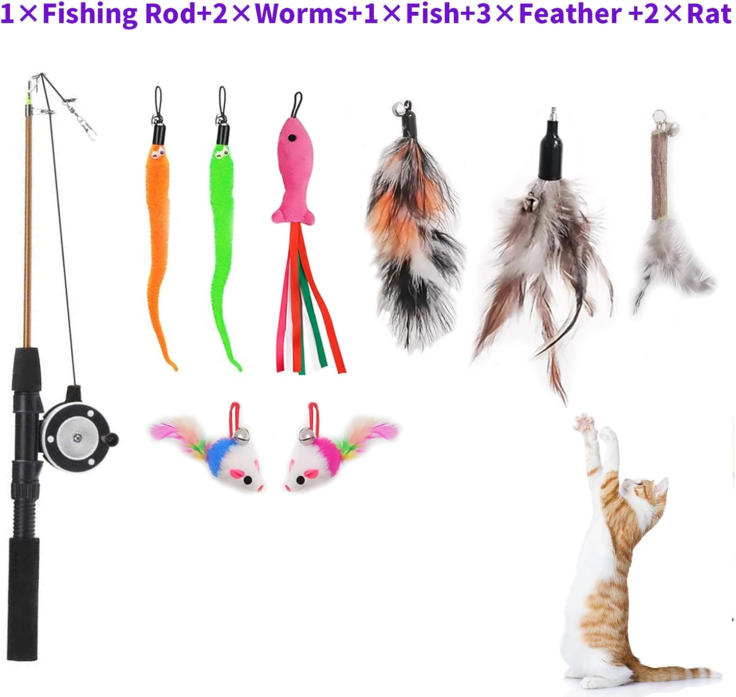 Retractable Cat Teaser Wand Toy, Cat Toys for Indoor Outdoor Cats Interactive Fishing Rod with 8 Pcs Refills Feather Toy, Plush Mouse Caterpillar & Fish