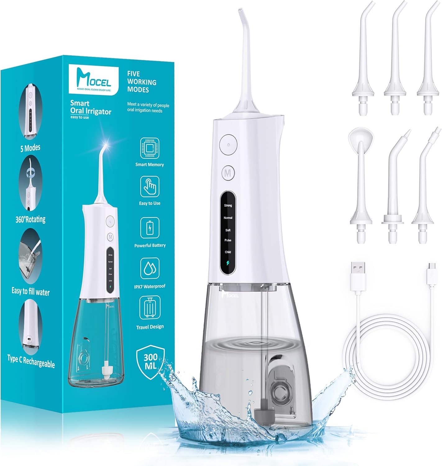 Water Dental Flosser Cordless Teeth Cleaning MOCEL 5 Modes Oral Irrigator 300ML Portable and USB C Cable Rechargeable IPX7 Waterproof Flossing Teeth Pick Irrigation Cleaner for Home Travel (White)