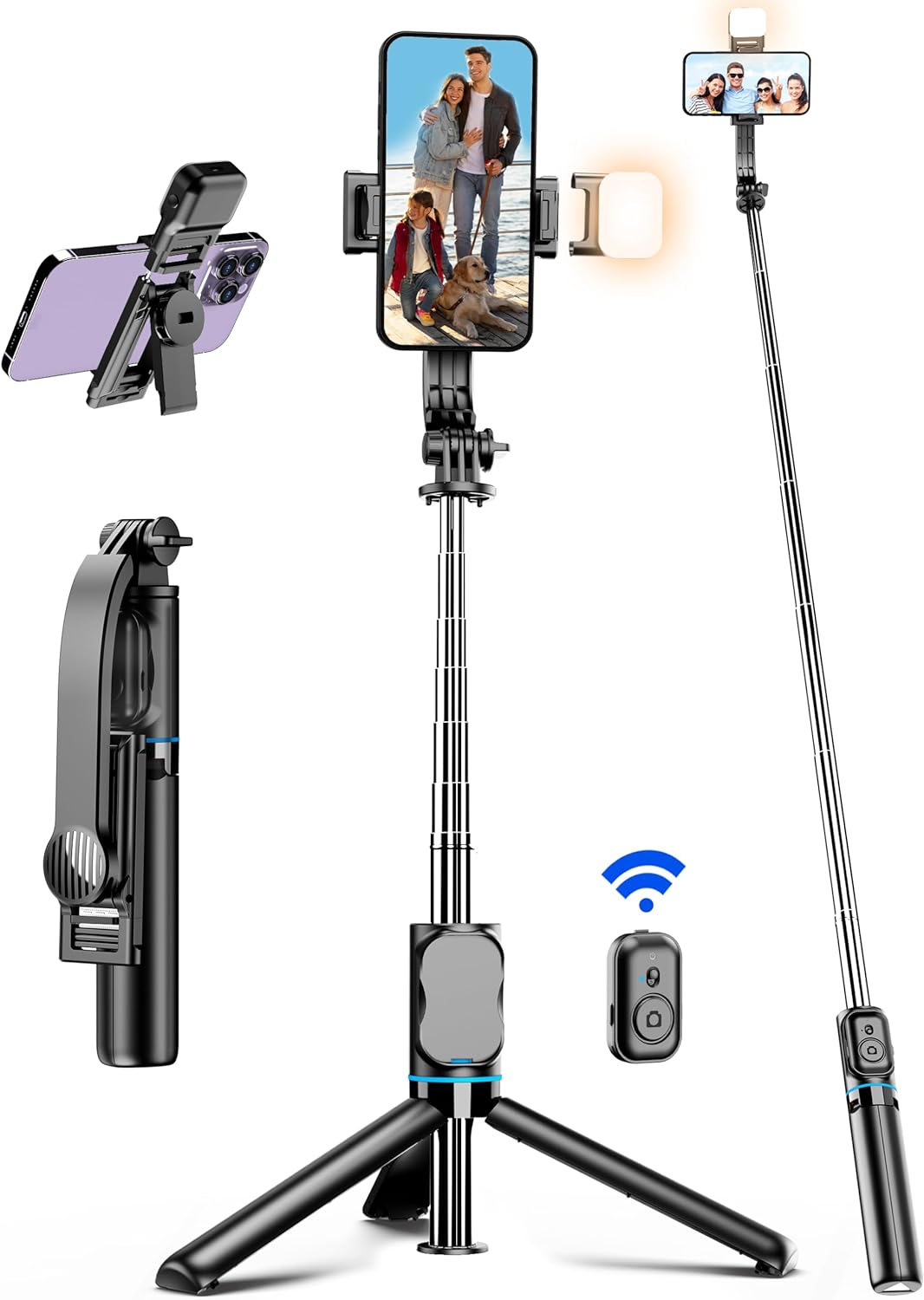  Extendable Phone Tripod Stand with Phone Holder & Detachable Remote, 41" 360° Rotation Selfie Stick Tripod for Cell Phone Compatible with Iphone, Android, Samsung