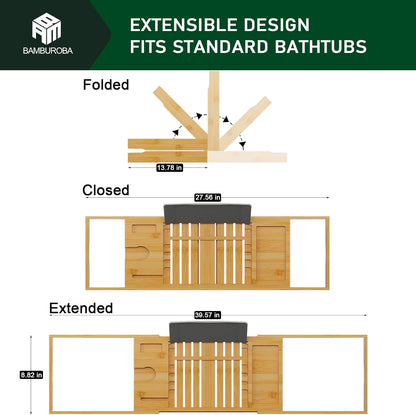 Foldable Bamboo Bathtub Caddy Tray Expandable for Luxury Bath, Bath Accessories & Table with Wine Glass Holder, Book Stand Bathroom Organizer with Extending Sides for Men/Women