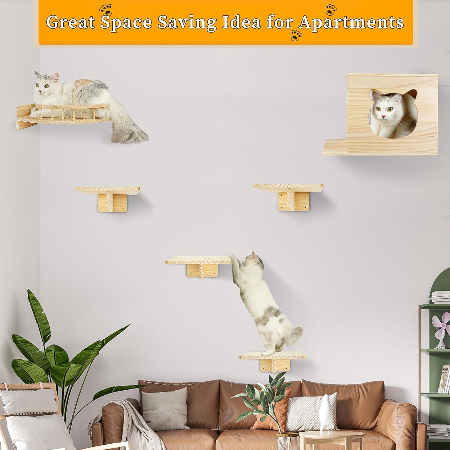 Cat Wall Shelves - Set of 6 Cat Wall Furniture, Cat Shelves and Perches for Wall, Indoor Cat Wall Furniture with 1 Condos House, 1 Cat Corner Rack & 4 Cat Wall Racks