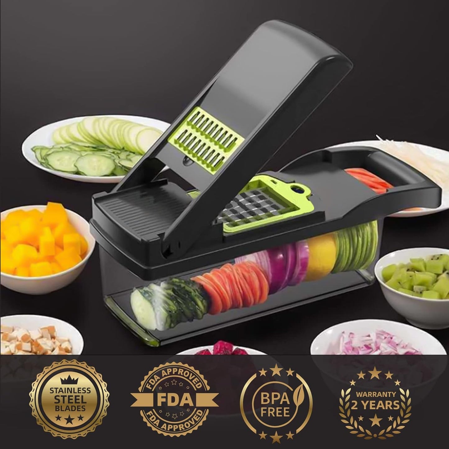 Vegetable Chopper Cutter Slicer Multifunctional 14-In-1 Food Veggie Salad Onion Chopper Cutter Dicer with Container, 8 Interchangable Blades, Hand Protector, Drain Strainer, Peeler, Brush