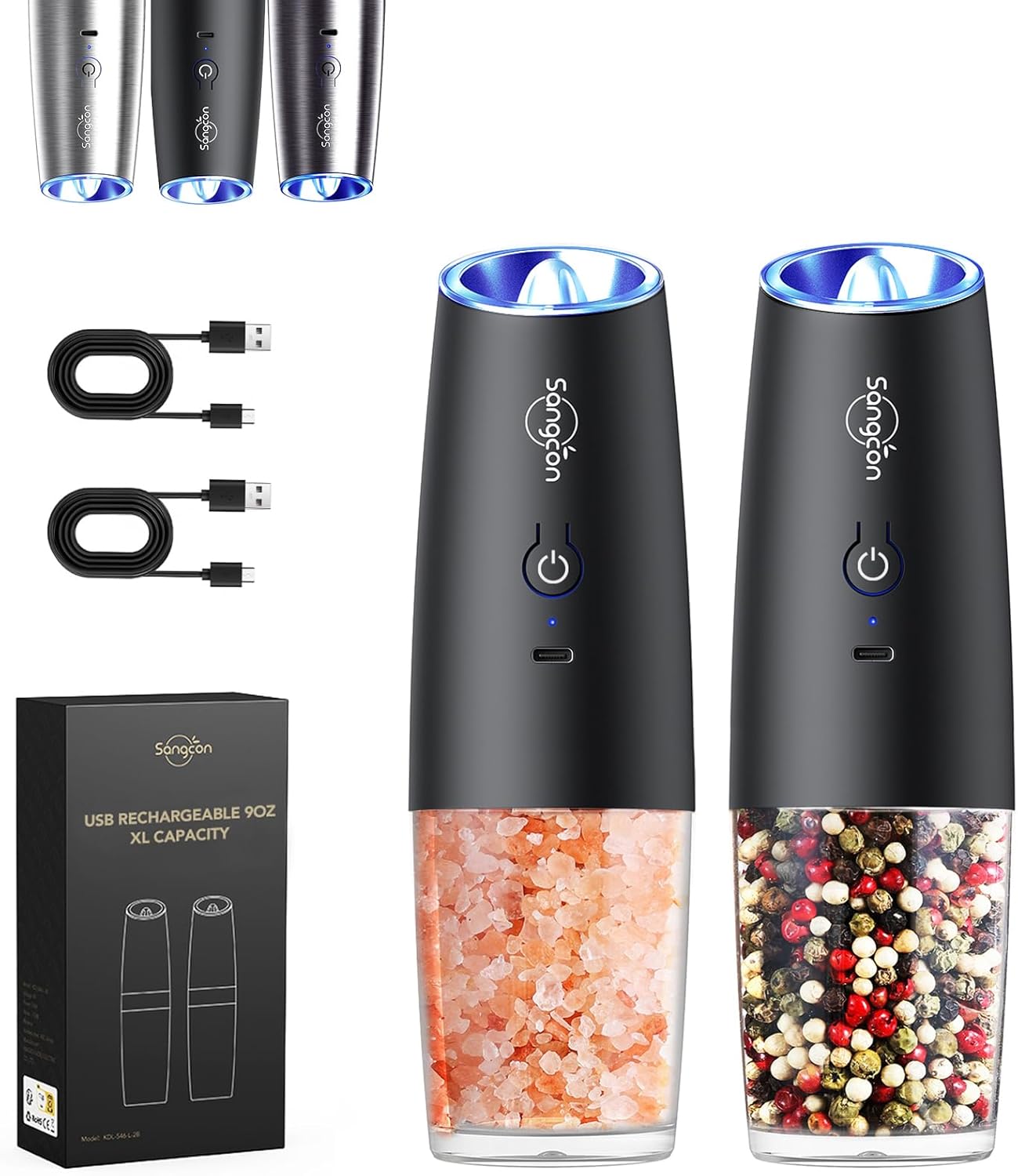 Salt and Pepper Grinder Set Automatic Shakers Mill Grinder with LED Light,Larger Capacity