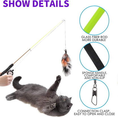 Retractable Cat Teaser Wand Toy, Cat Toys for Indoor Outdoor Cats Interactive Fishing Rod with 8 Pcs Refills Feather Toy, Plush Mouse Caterpillar & Fish