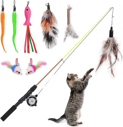 Retractable Cat Teaser Wand Toy, Cat Toys for Indoor Outdoor Cats Interactive Fishing Rod with 8 Pcs Refills Feather Toy, Plush Mouse Caterpillar & Fish