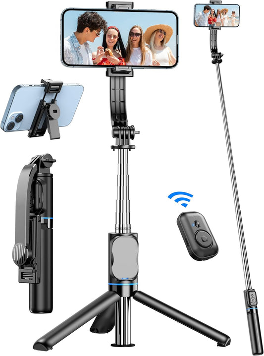  Extendable Phone Tripod Stand with Phone Holder & Detachable Remote, 41" 360° Rotation Selfie Stick Tripod for Cell Phone Compatible with Iphone, Android, Samsung