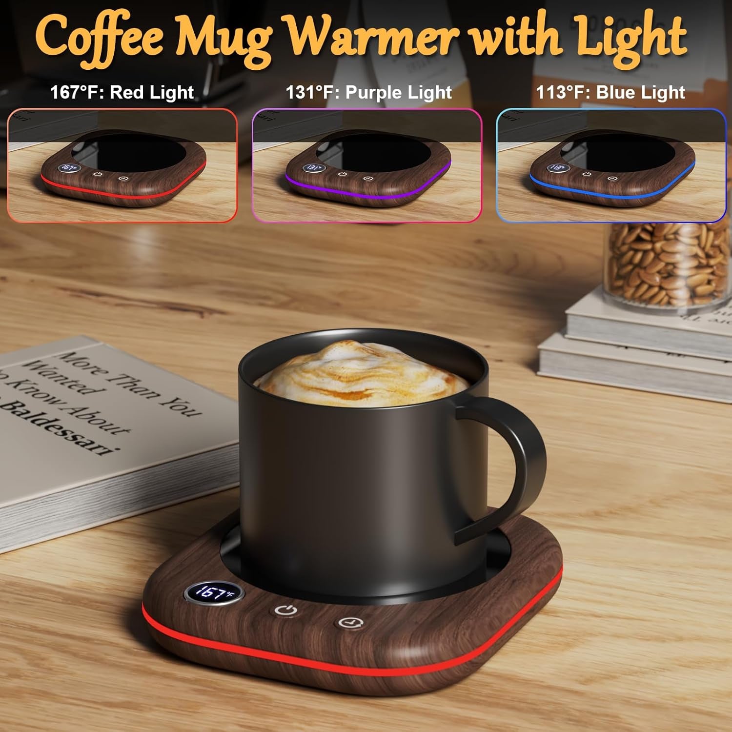 ,Coffee Mug Warmer for Desk Leds Light 3 Temp Settings (45-75℃) 1-12H Timer 4 H Auto Shut off Beverage Cup Candle Warmer for Coffee Tea Milk(Wood Grain)