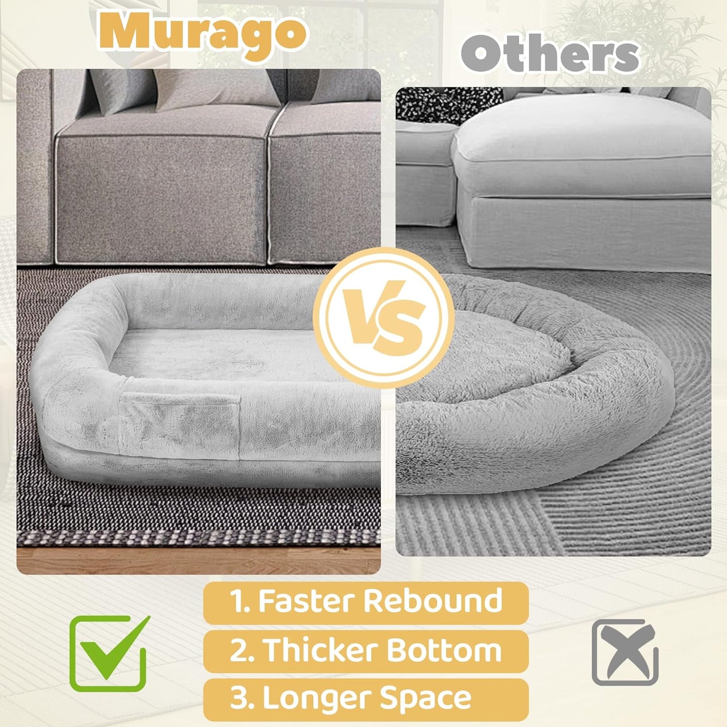 Human Dog Bed for Adults, 71" Long Human Size Dog Bed, Removable Cover, Washable, Waterproof, Orthopedic Design [Light Grey]