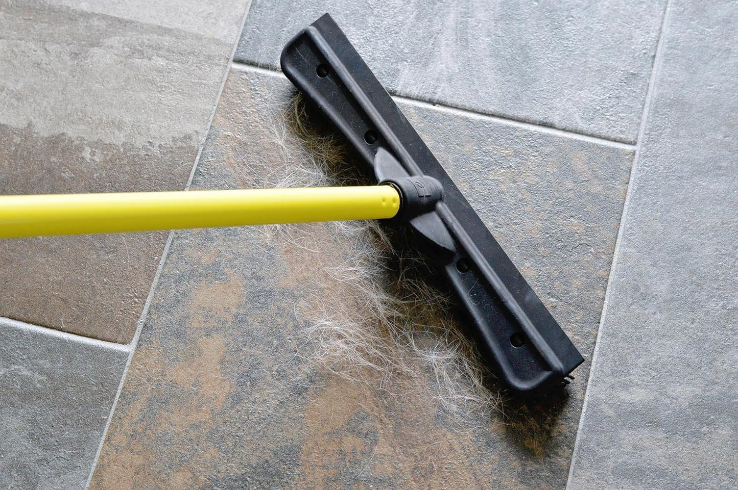  Indoor Pet Hair Rubber Broom with Carpet Rake and Squeegee, Black and Yellow