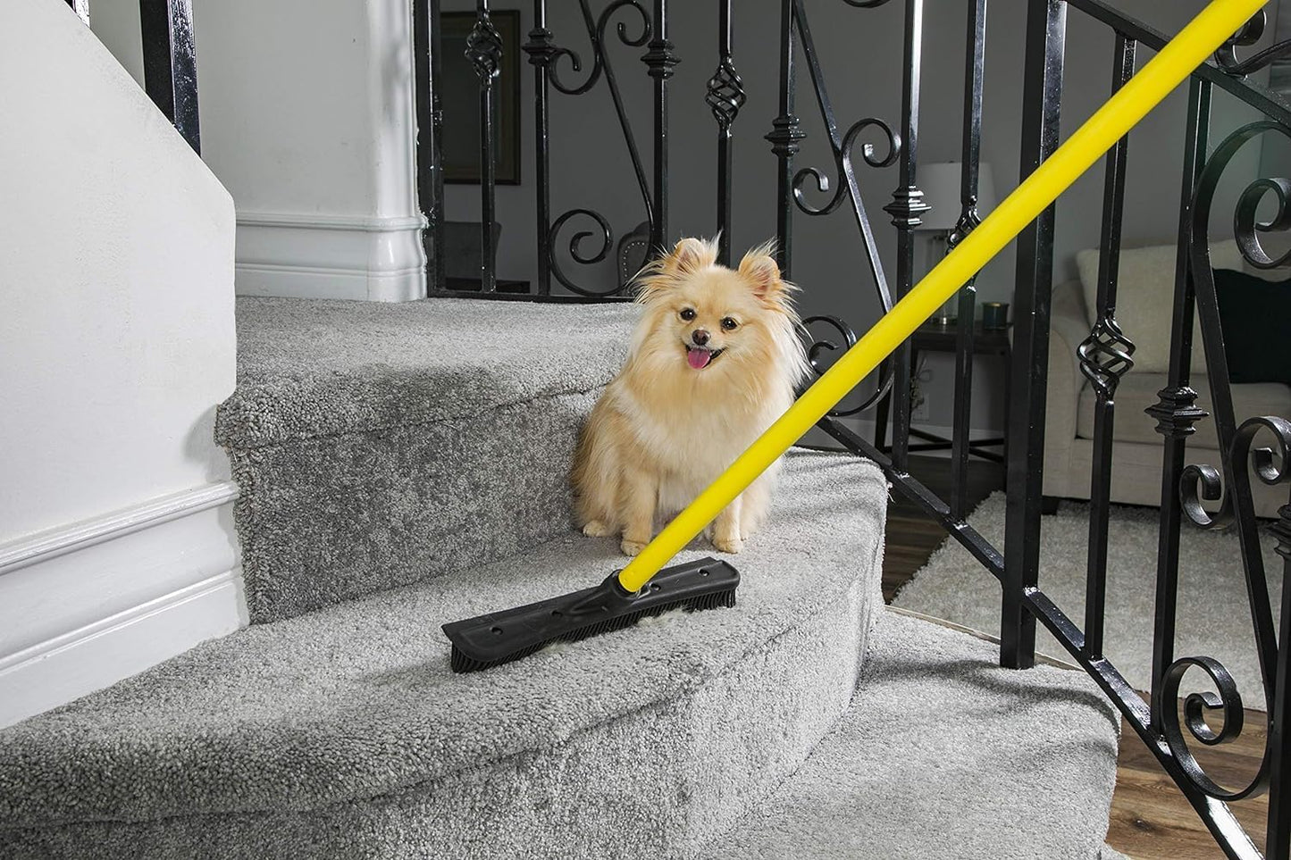  Indoor Pet Hair Rubber Broom with Carpet Rake and Squeegee, Black and Yellow