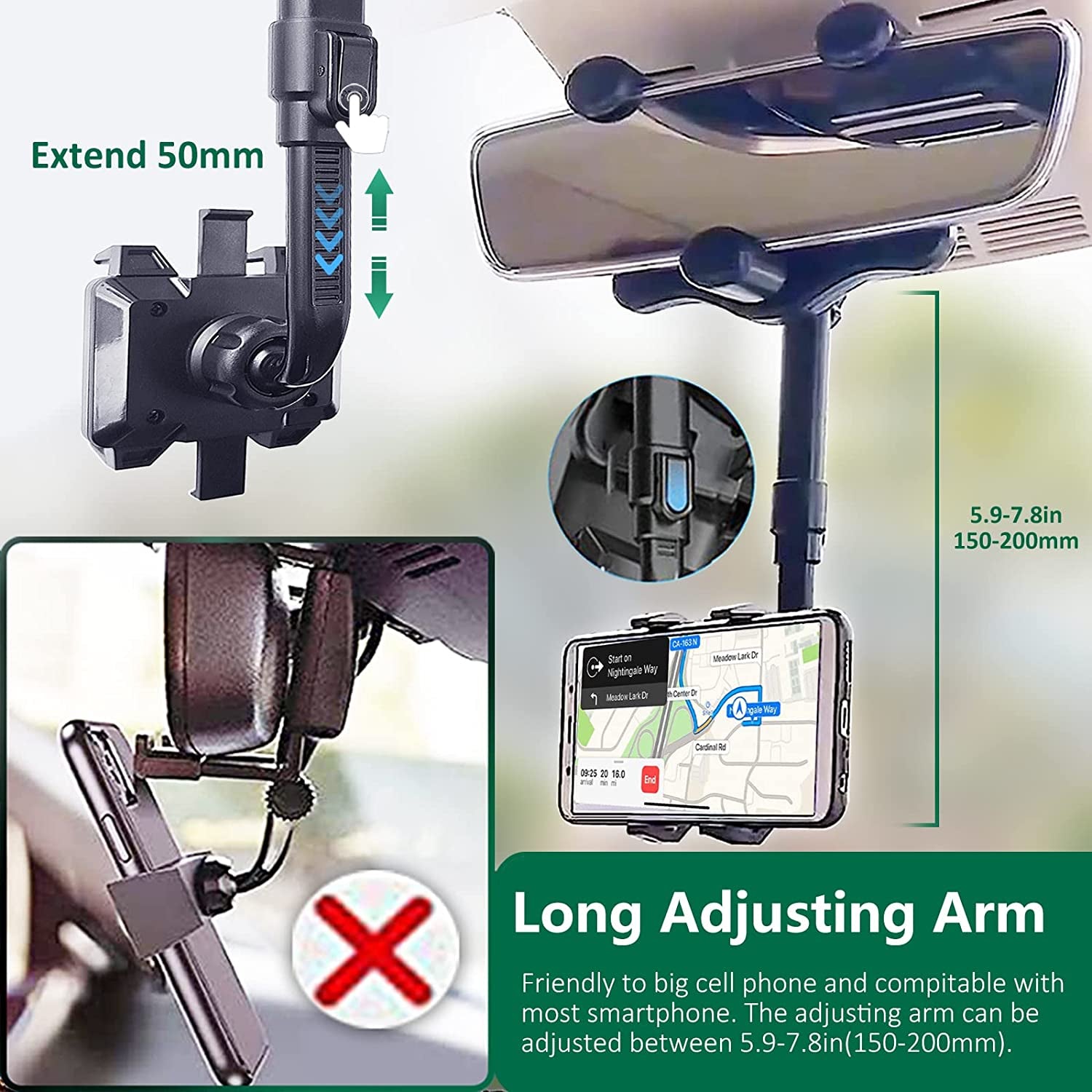 Rearview Mirror Phone Holder for Car, 360° Rotating Rear View Mount with Adjustable Arm Length, Multifunctional and GPS Universal Car All Smartphones