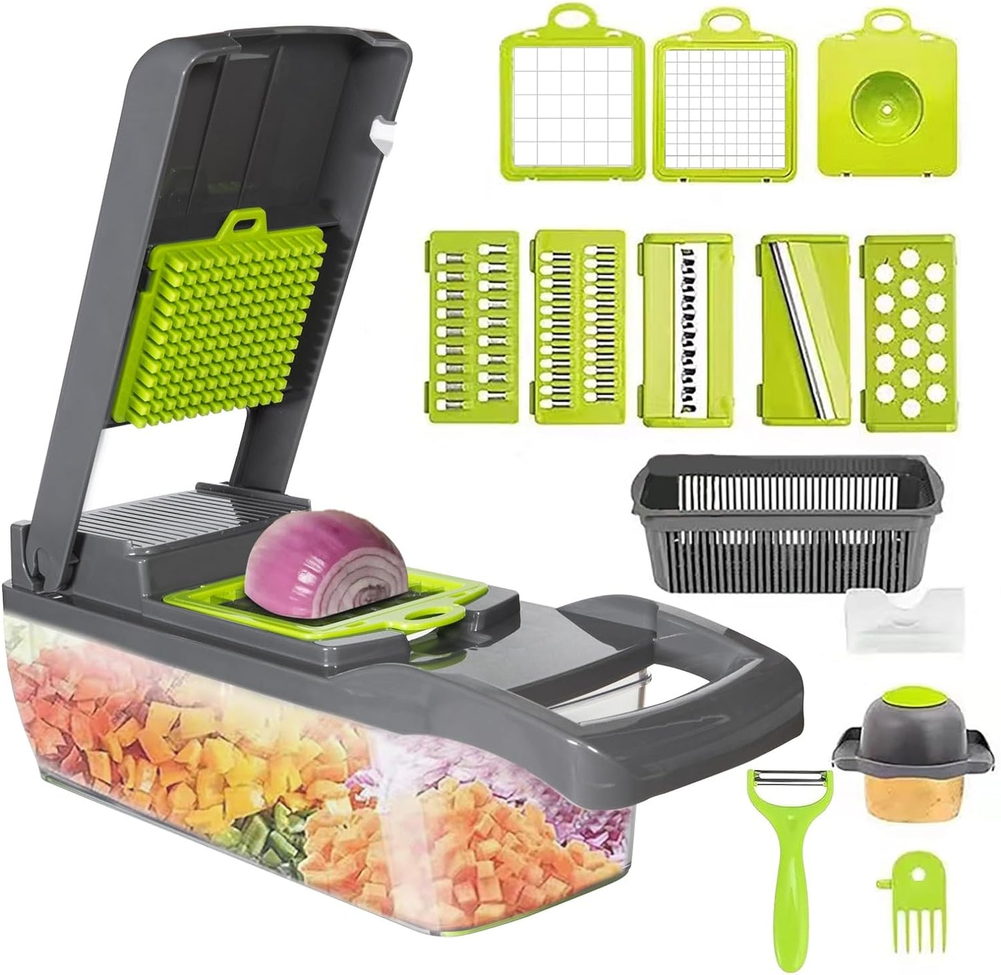 Vegetable Chopper Cutter Slicer Multifunctional 14-In-1 Food Veggie Salad Onion Chopper Cutter Dicer with Container, 8 Interchangable Blades, Hand Protector, Drain Strainer, Peeler, Brush