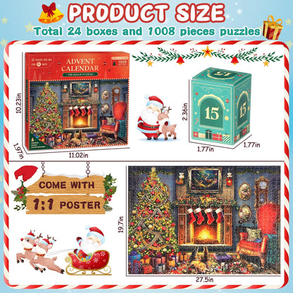  1008 Pieces Christmas Puzzles, 24 Days Surprise Christmas Countdown Advent Calendar Puzzle Christmas Gifts Xmas Decor