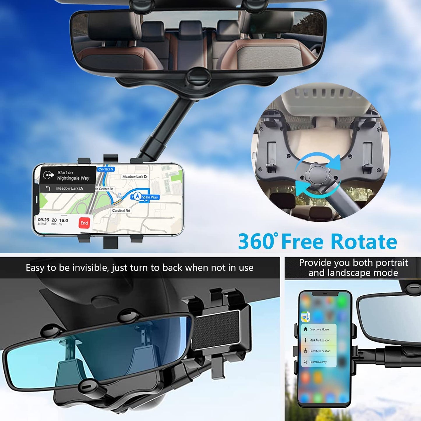 Rearview Mirror Phone Holder for Car, 360° Rotating Rear View Mount with Adjustable Arm Length, Multifunctional and GPS Universal Car All Smartphones