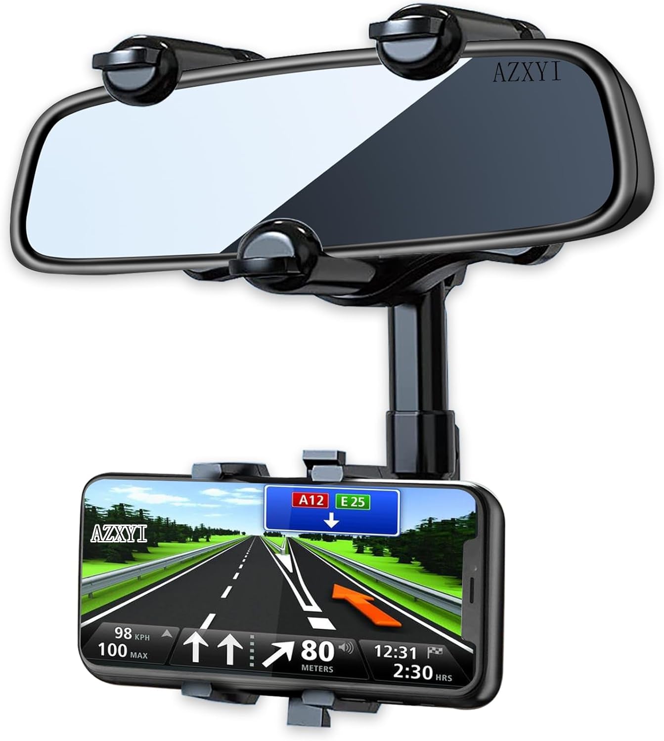 Rearview Mirror Phone Holder for Car, 360° Rotating Rear View Mount with Adjustable Arm Length, Multifunctional and GPS Universal Car All Smartphones