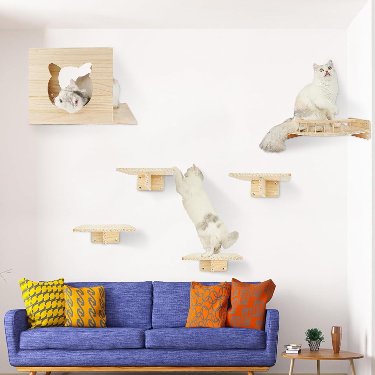 Cat Wall Shelves - Set of 6 Cat Wall Furniture, Cat Shelves and Perches for Wall, Indoor Cat Wall Furniture with 1 Condos House, 1 Cat Corner Rack & 4 Cat Wall Racks