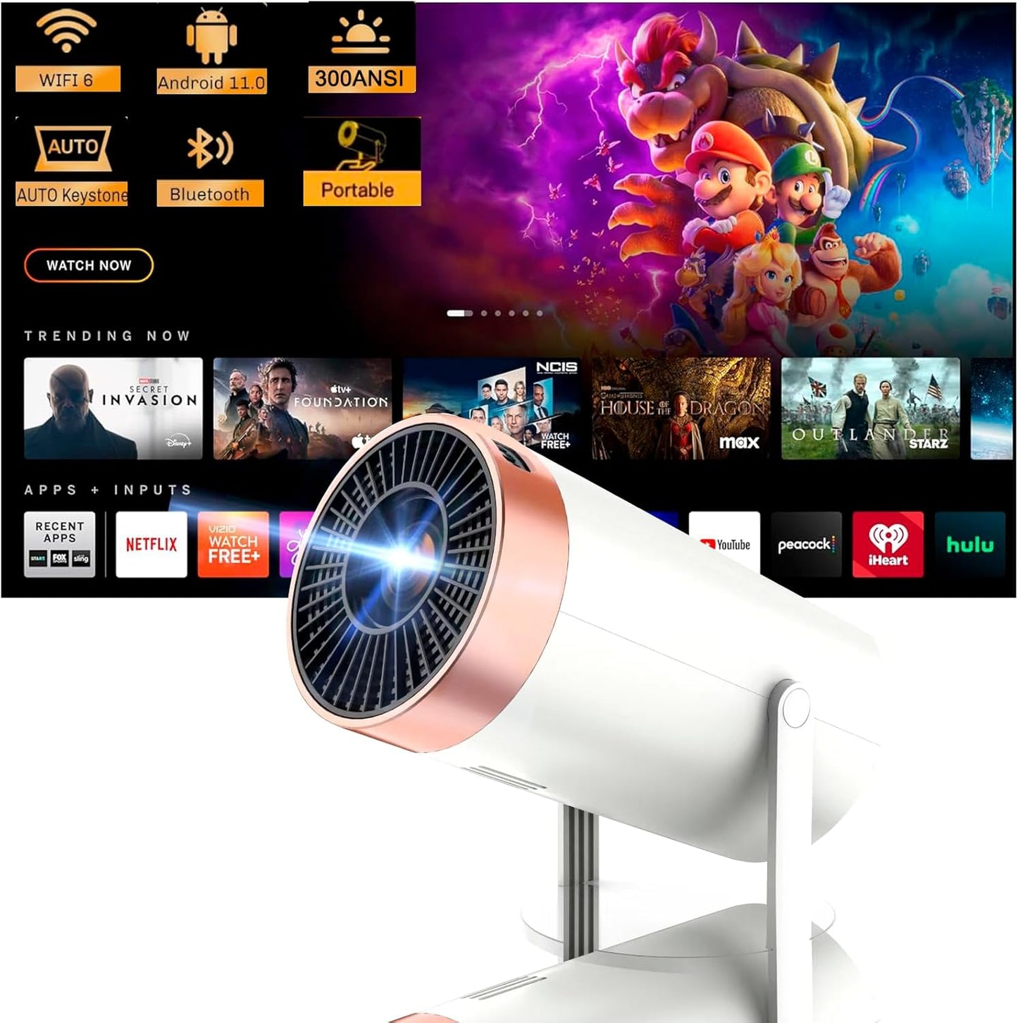 4K 1080P Support with Android TV 11.0, Mini Portable Projector 180° Rotatable