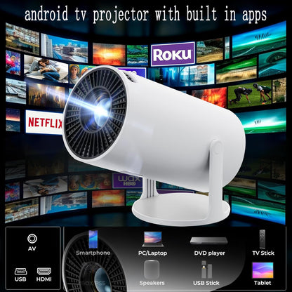 4K 1080P Support with Android TV 11.0, Mini Portable Projector 180° Rotatable