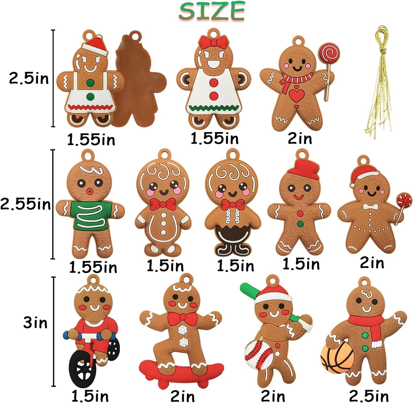 12 Plastic Gingerbread Man Christmas Tree Ornaments - 3 Inch Holiday Decorations