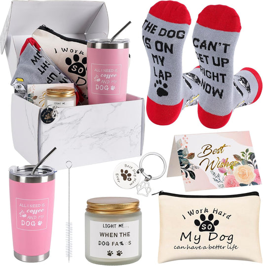 7 Pieces Dog Mom Gifts for Women Best Dog Lovers Women Gifts with Tumbler Makeup Bag Scented Candle Socks Key Chain Greeting Card for Dog Lover Dog Mom Christmas Gift