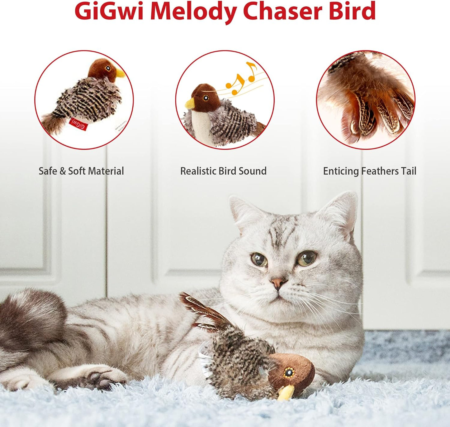 Interactive Electronic Cat Toy, Automatic Chirping Bird Toy Squeaky with Feather Tail, Melody Chaser Toy for Cats to Play Alone, Play and Squeak Kitten Toy for Boredom