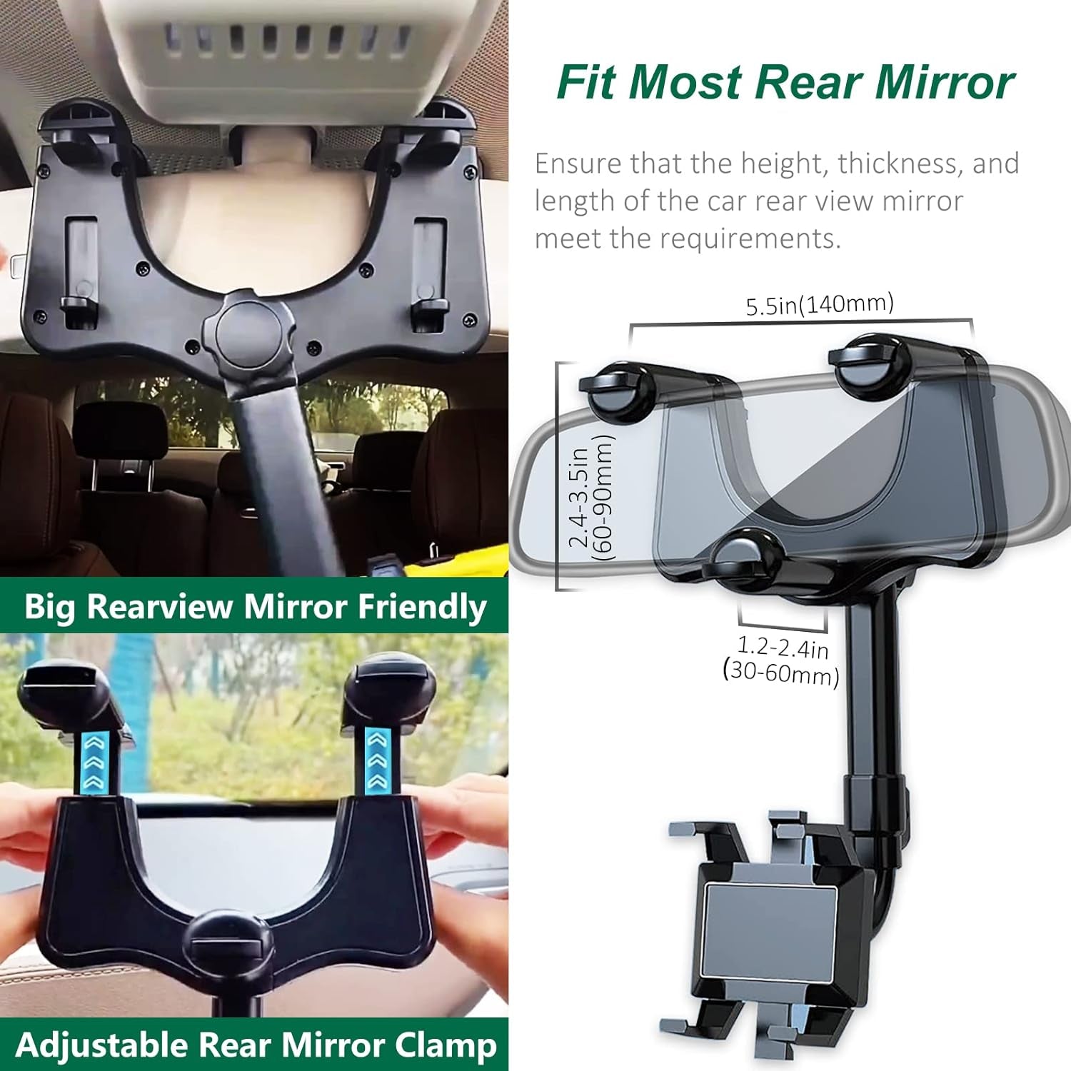 Rearview Mirror Phone Holder for Car, 360° Rotating Rear View Mount with Adjustable Arm Length, Multifunctional and GPS Universal Car All Smartphones